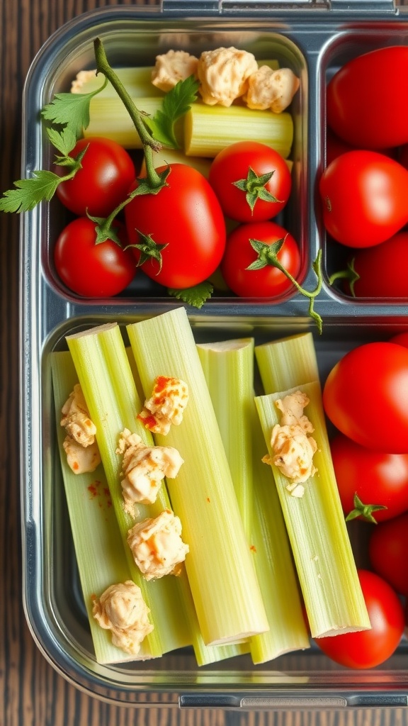 Celery sticks filled with egg salad and cherry tomatoes in a lunch box.