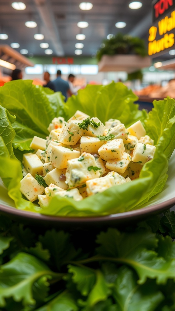 A bowl of egg salad served in lettuce leaves, surrounded by fresh greens.