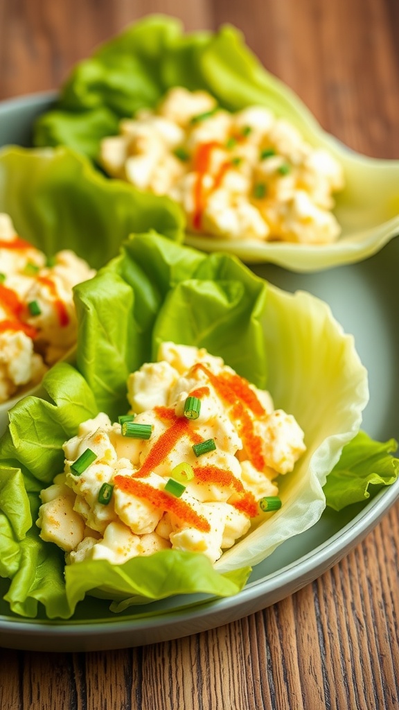 Egg salad served in lettuce cups with green onions and spices