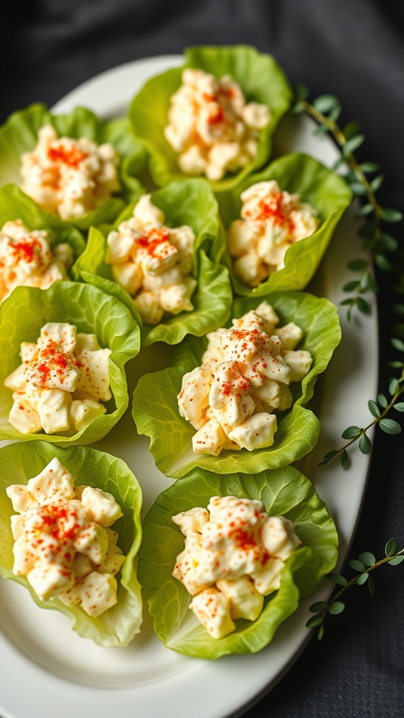 Close-up of egg salad served in lettuce cups, garnished with paprika.