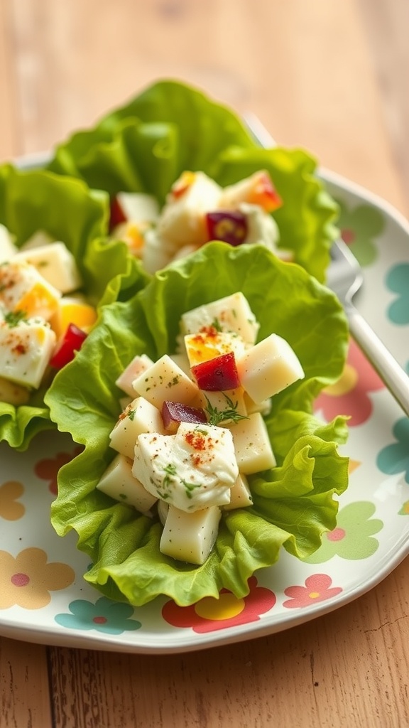 Delicious egg salad served in crisp lettuce cups on a colorful plate.