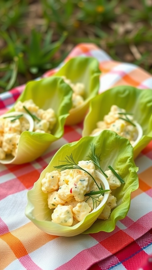 Egg salad served in lettuce cups on a picnic blanket