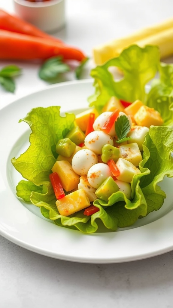 Egg salad served in lettuce wraps with colorful diced vegetables.