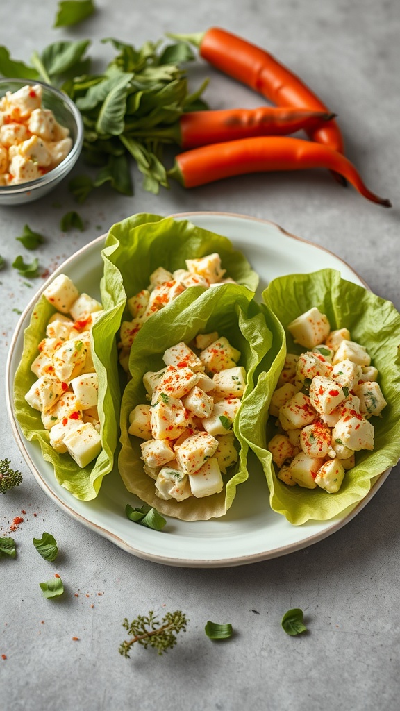 A plate of egg salad lettuce wraps with a mix of ingredients and spices.