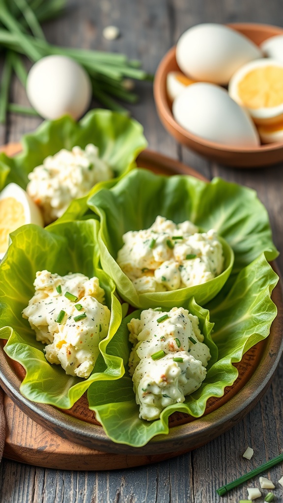 Three egg salad lettuce wraps served on a wooden plate with fresh chives and eggs in the background.