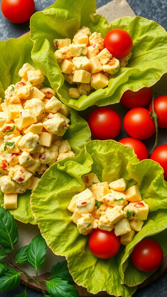 Egg salad in lettuce wraps with cherry tomatoes