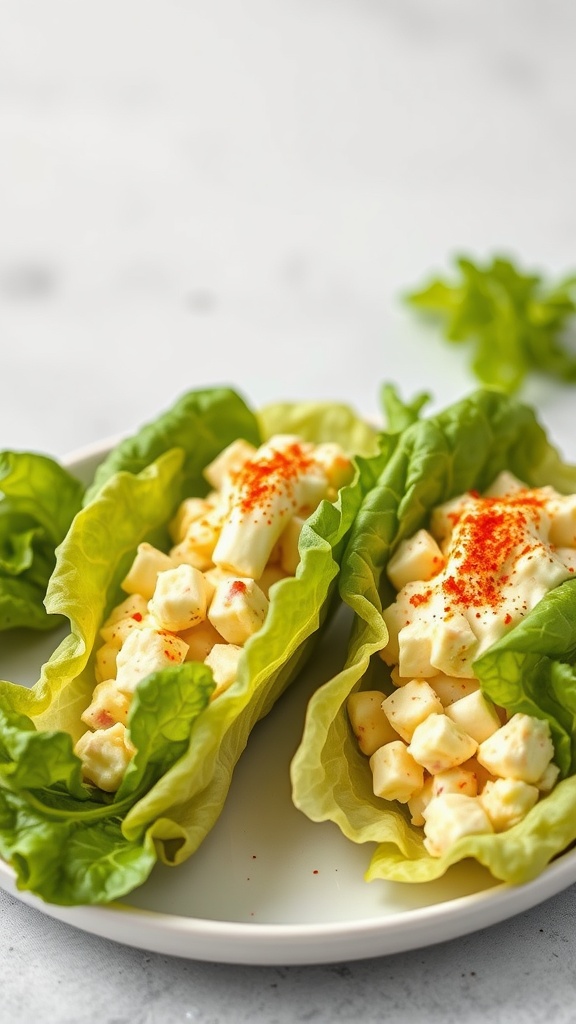 Two egg salad lettuce wraps filled with diced eggs and mayonnaise, garnished with paprika on a white plate.