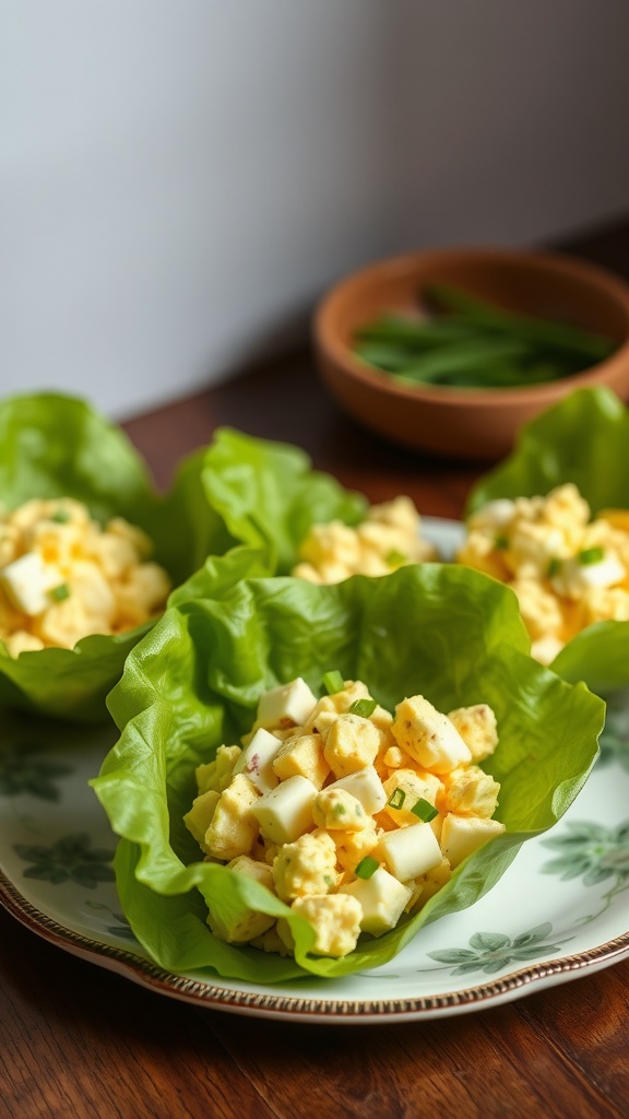 Egg salad served in lettuce wraps on a decorative plate