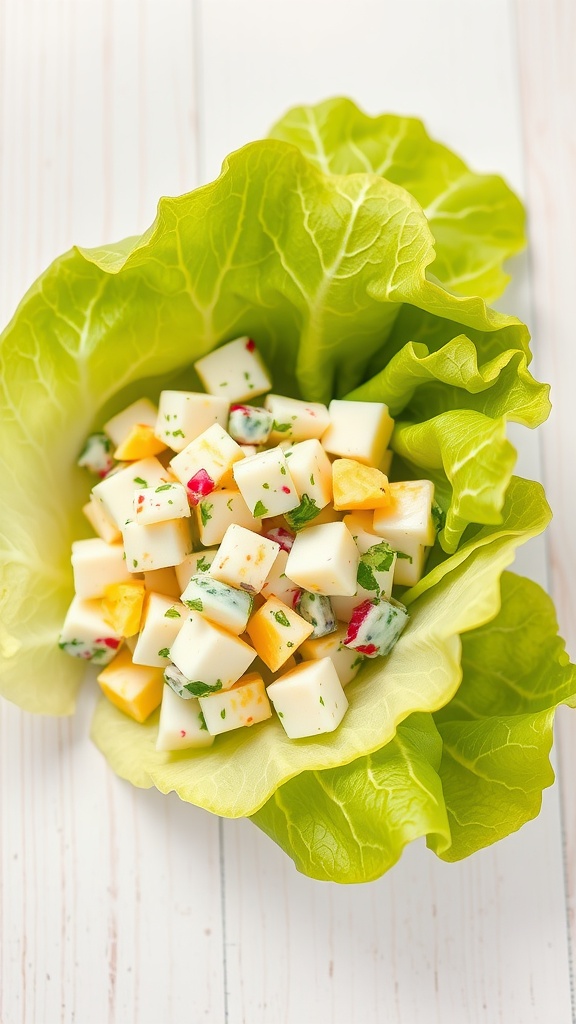 A bowl of egg salad served in lettuce wraps.