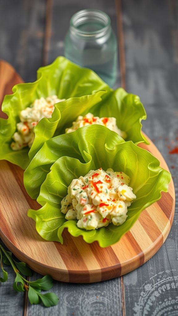 Egg salad in lettuce wraps on a wooden board.