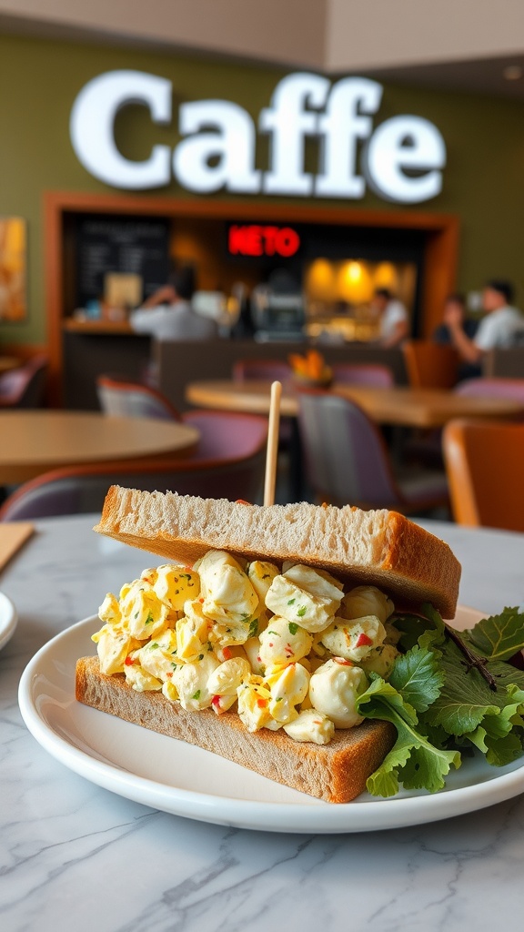 Egg salad sandwich on keto bread served with greens in a cafe setting