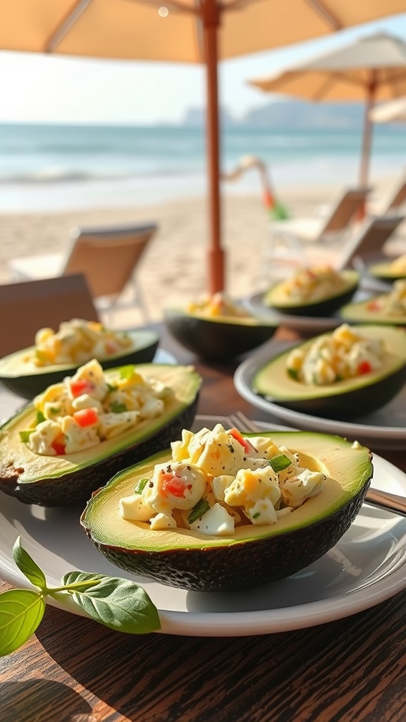 Egg salad stuffed avocados on a beachside table