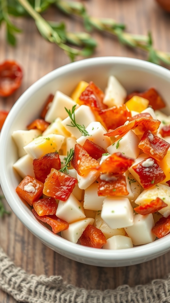 Bowl of diced egg salad with bacon and colorful toppings