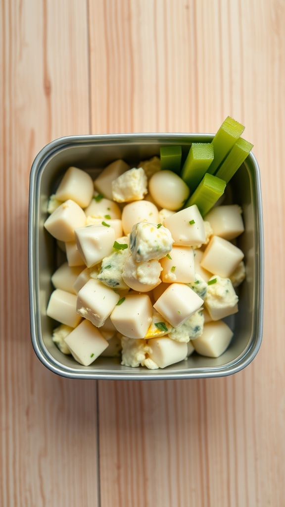 A bento box filled with egg salad and celery sticks.