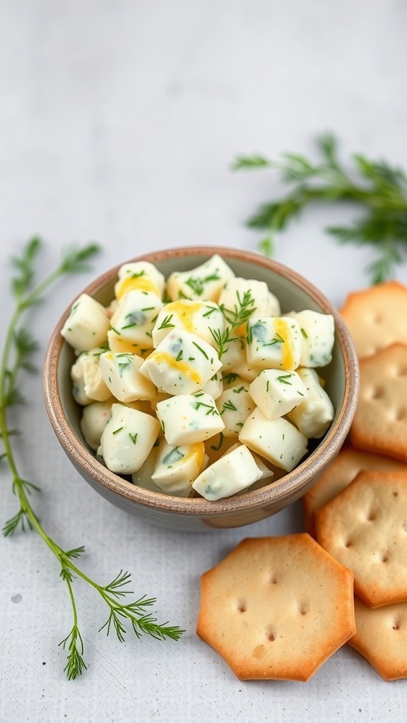 Bowl of egg salad with dill and mustard next to crackers and fresh herbs