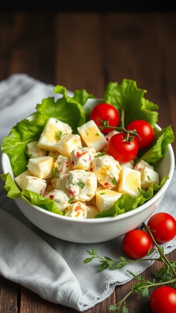 A bowl of egg salad made with Greek yogurt, surrounded by fresh cherry tomatoes and leafy greens.