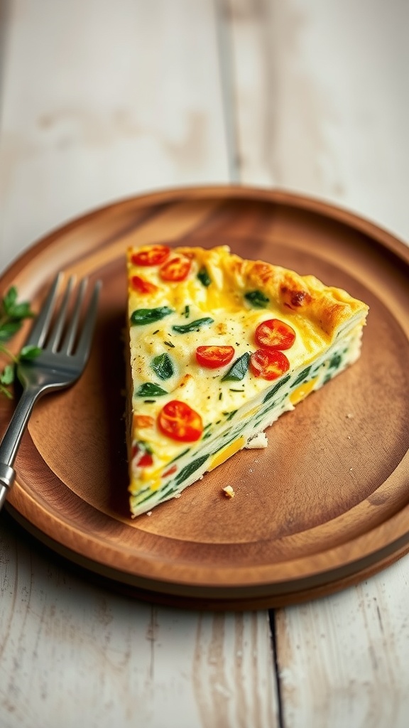 A slice of egg white and vegetable frittata on a wooden plate, garnished with cherry tomatoes and spinach.