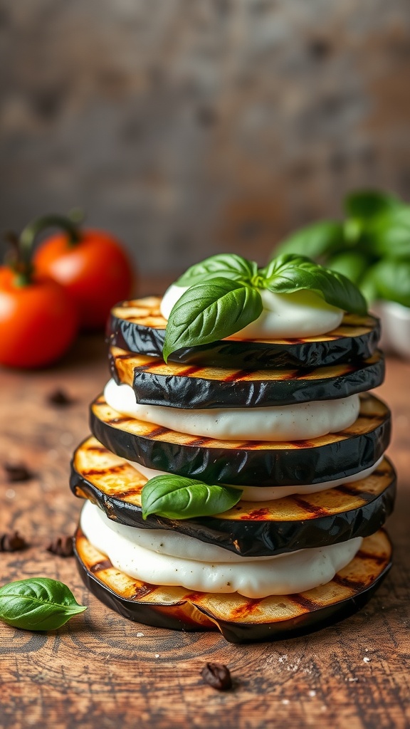 Stack of grilled eggplant slices with mozzarella and basil