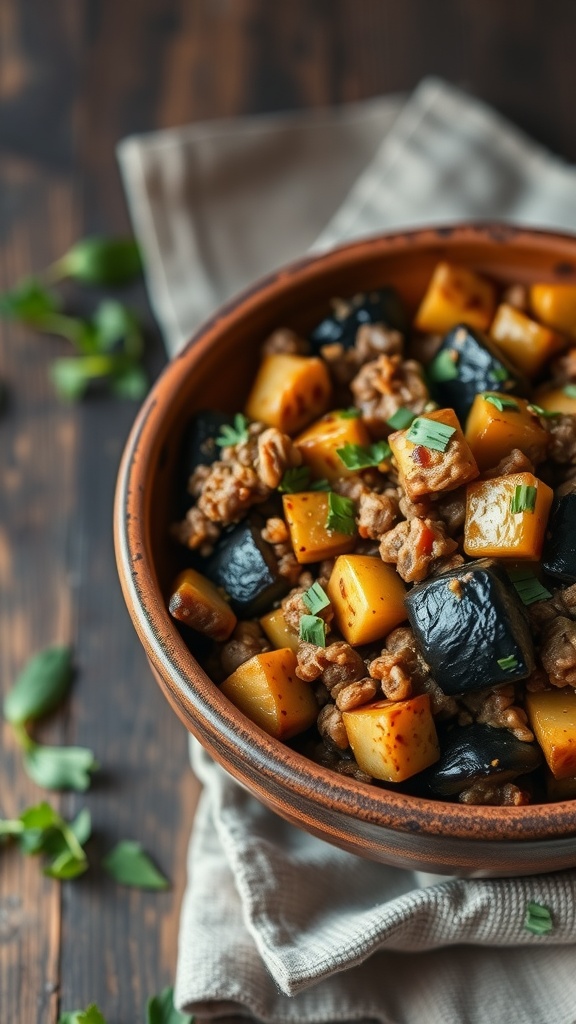 Bowl of eggplant and pork stir-fry with herbs