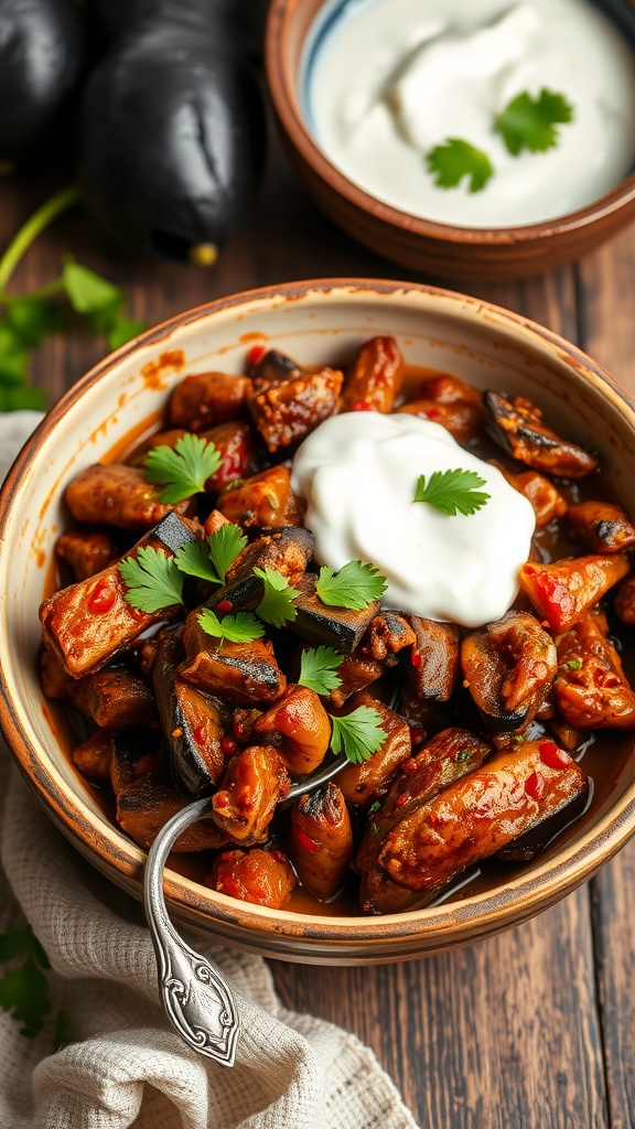 A bowl of smoky Eggplant Bharta garnished with cilantro and accompanied by a bowl of yogurt.