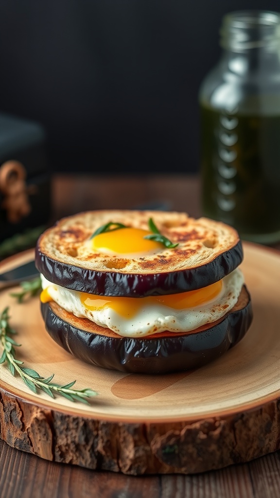 A delicious eggplant sandwich with a fried egg in the middle on a wooden plate.