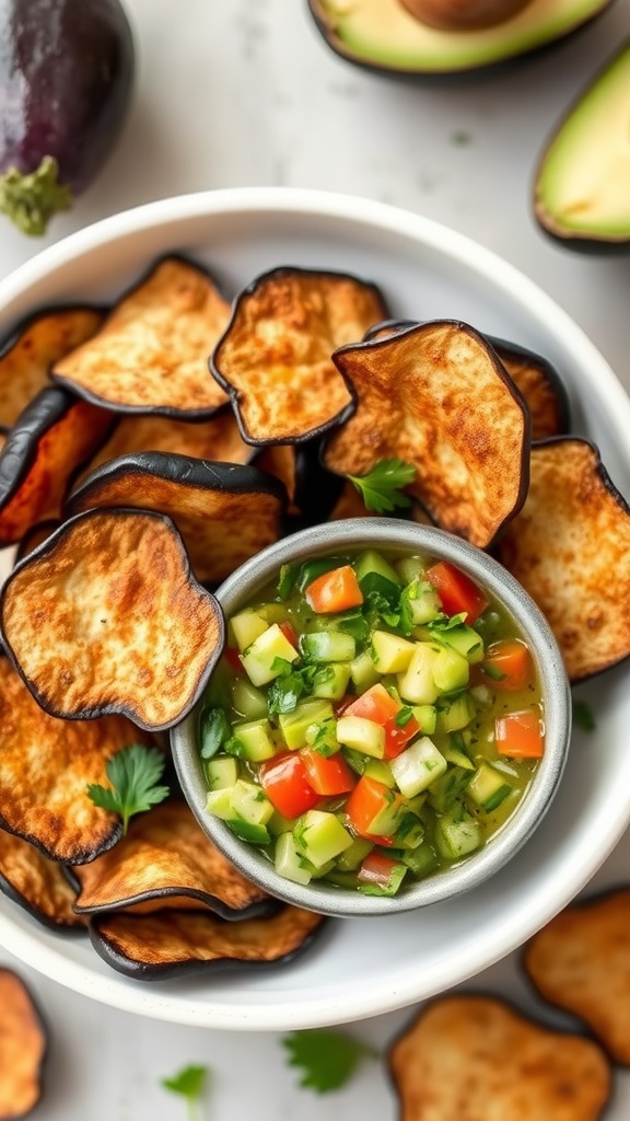 Bowl of crispy eggplant chips with a side of colorful avocado salsa