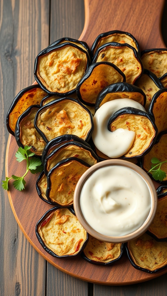 A wooden platter with crispy eggplant chips and a creamy dip, garnished with fresh herbs.