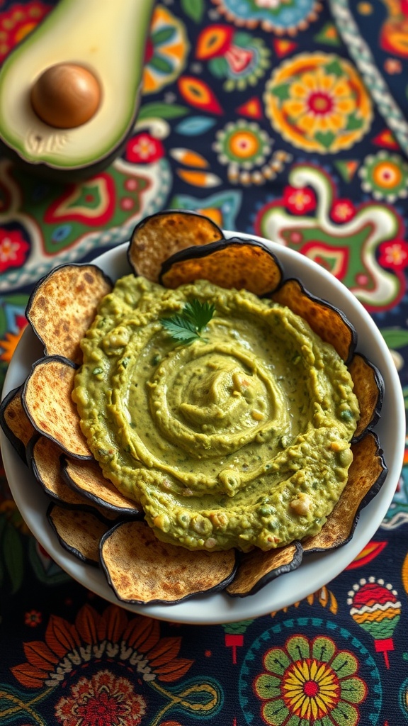 Bowl of guacamole surrounded by eggplant chips on a colorful patterned tablecloth.