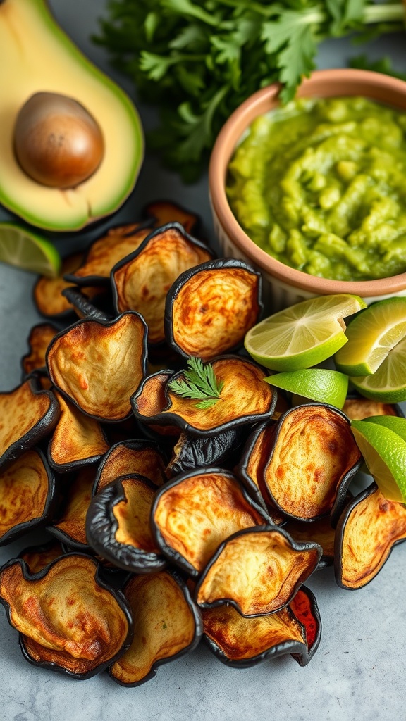 A pile of baked eggplant chips next to a bowl of guacamole, lime wedges, and fresh cilantro.