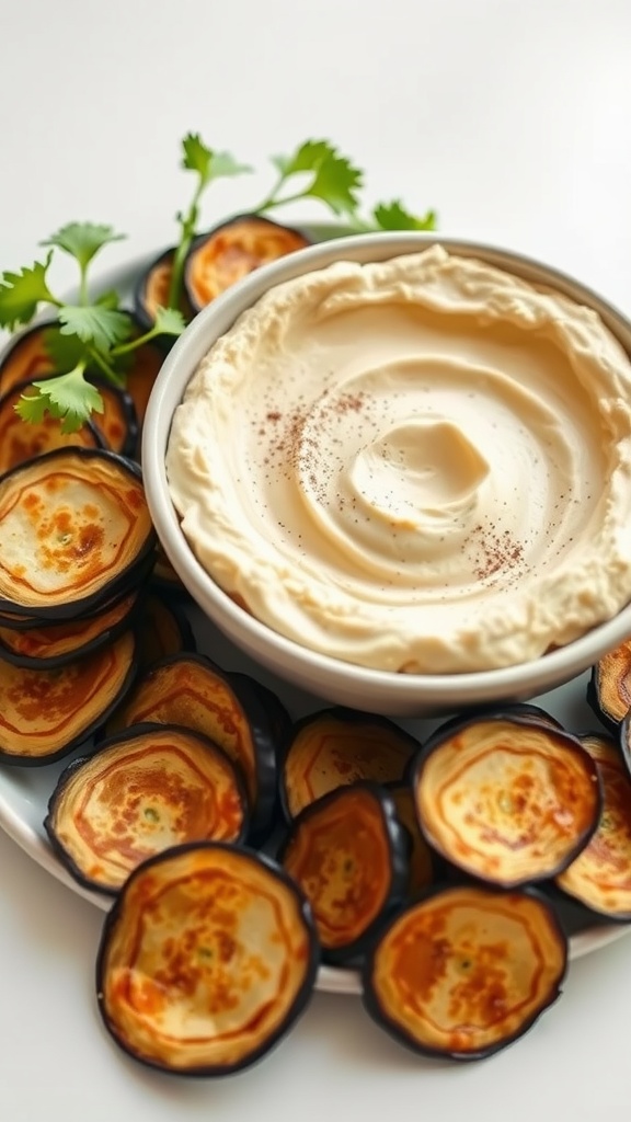 A plate of crispy eggplant chips surrounding a bowl of creamy hummus, garnished with fresh herbs.