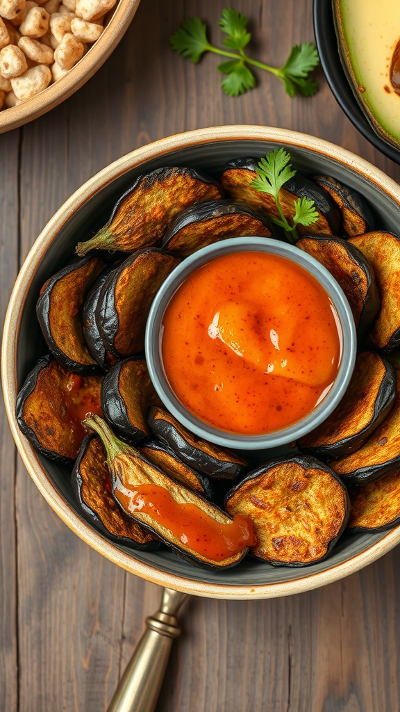 A bowl of crispy eggplant chips with a spicy dip in a small bowl, garnished with cilantro.