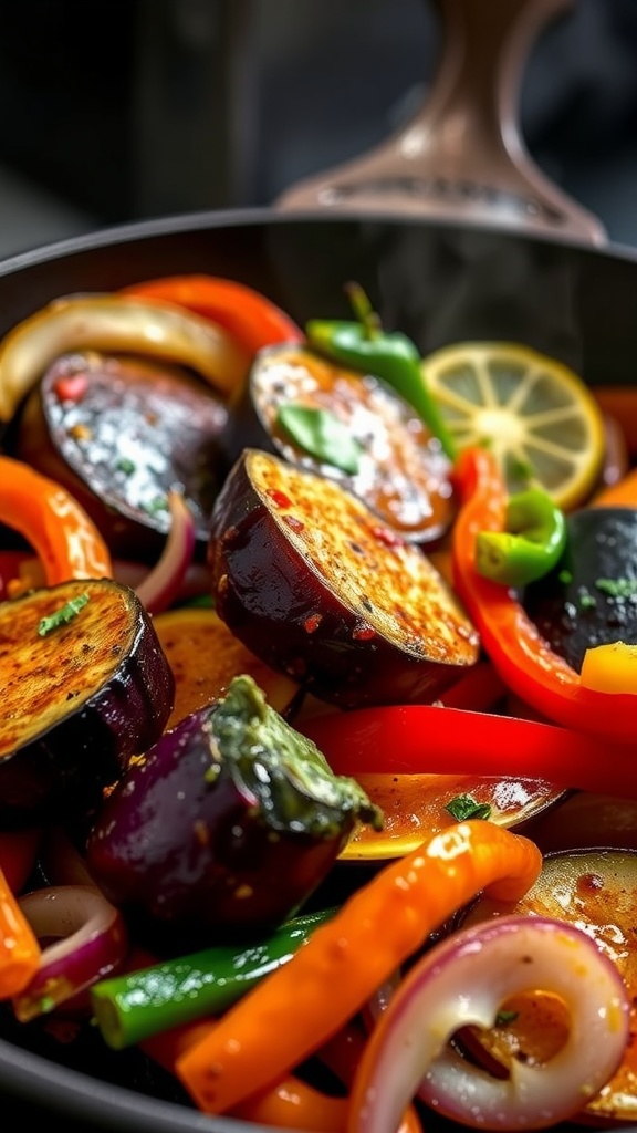 A vibrant mix of eggplant, bell peppers, and onions sizzling in a pan.