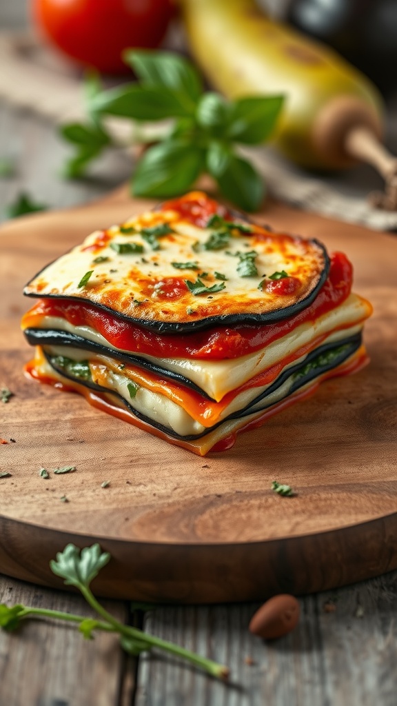 A stack of eggplant lasagna with tomato sauce and herbs on a wooden board.