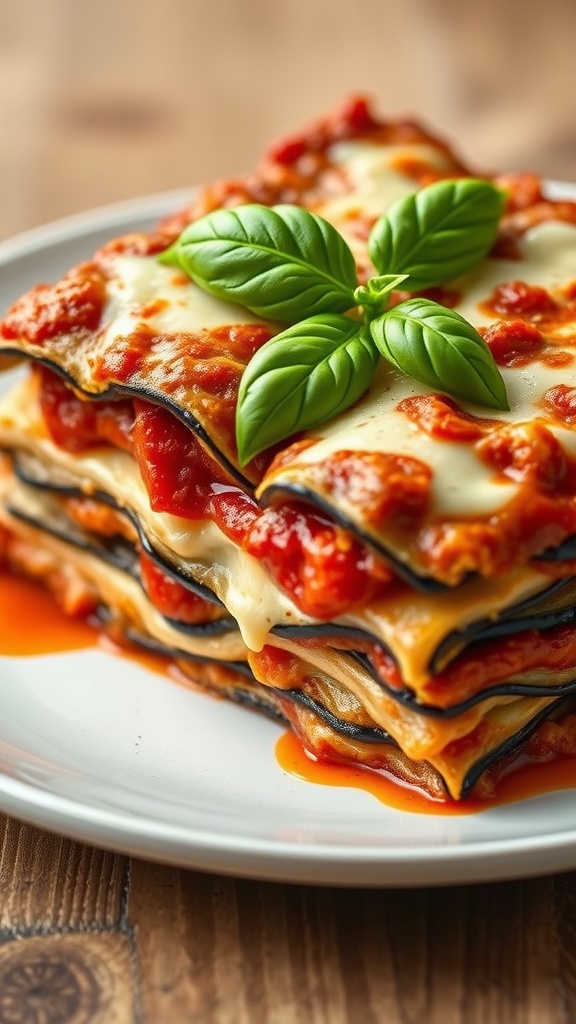 A plate of eggplant lasagna topped with fresh basil.