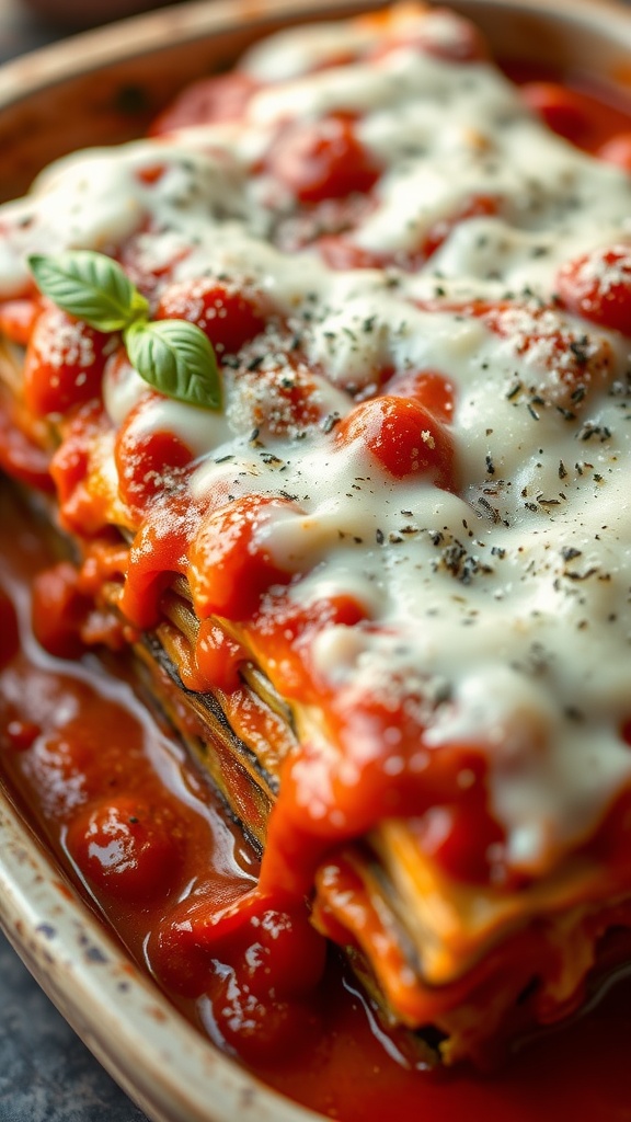 A plate of eggplant lasagna with melted cheese and tomato sauce.