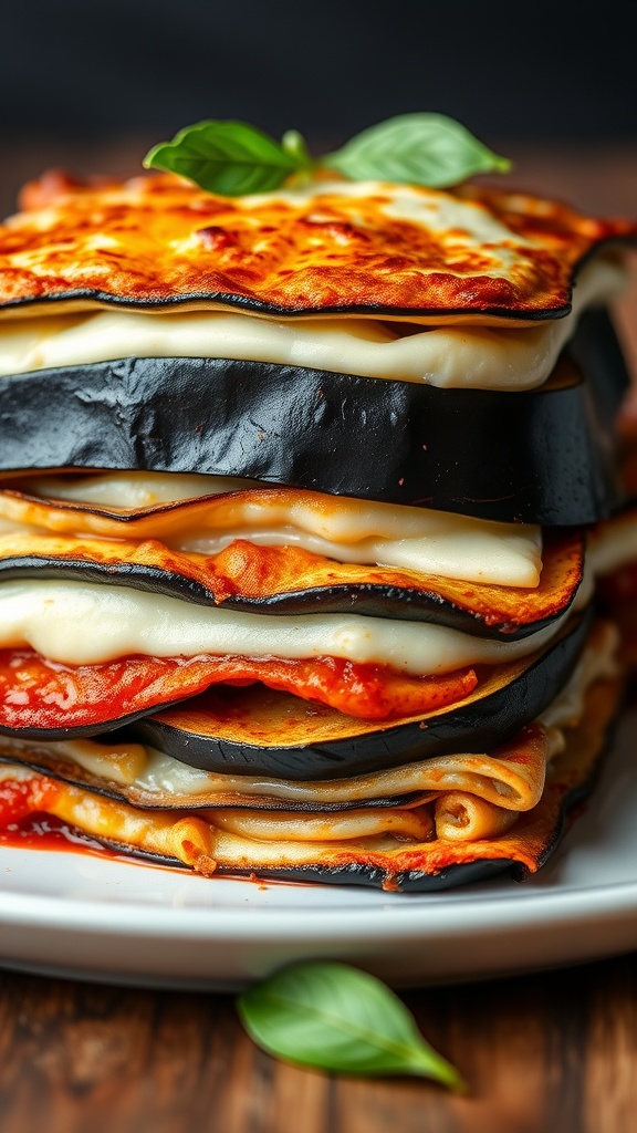 A stack of eggplant lasagna with layers of cheese and marinara sauce, garnished with a basil leaf.