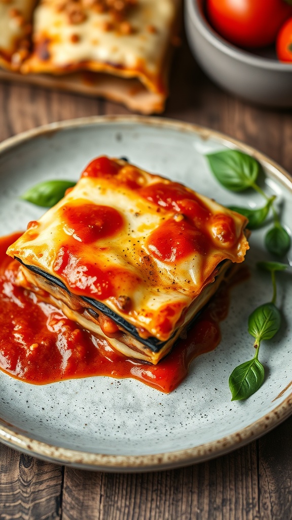 A delicious slice of eggplant lasagna topped with tomato sauce and basil, served on a plate.