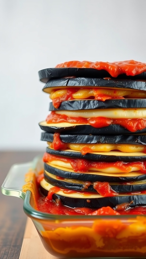 A stacked eggplant lasagna with layers of eggplant, cheese, and tomato sauce