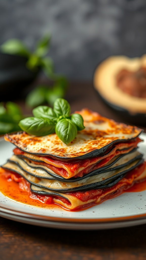 Layers of eggplant lasagna with cheese and basil on top.