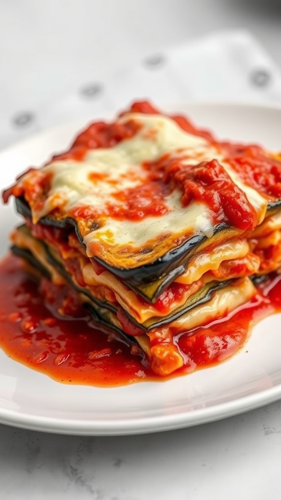 A plate of eggplant lasagna topped with tomato sauce and melted cheese