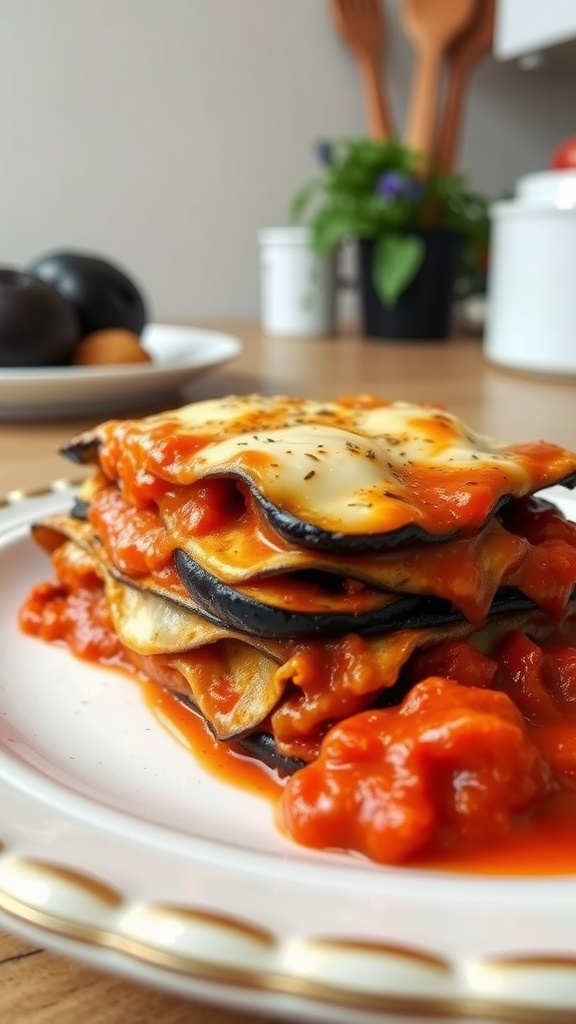 A plate of eggplant lasagna with layers of eggplant, marinara sauce, and melted cheese.