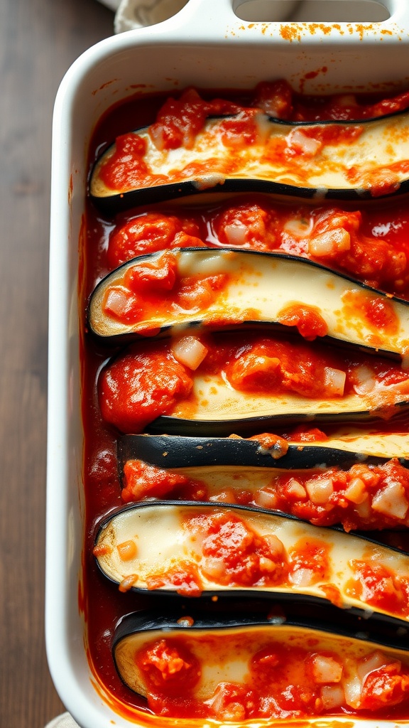 A close-up of eggplant lasagna layered with ricotta cheese and tomato sauce, garnished with basil.