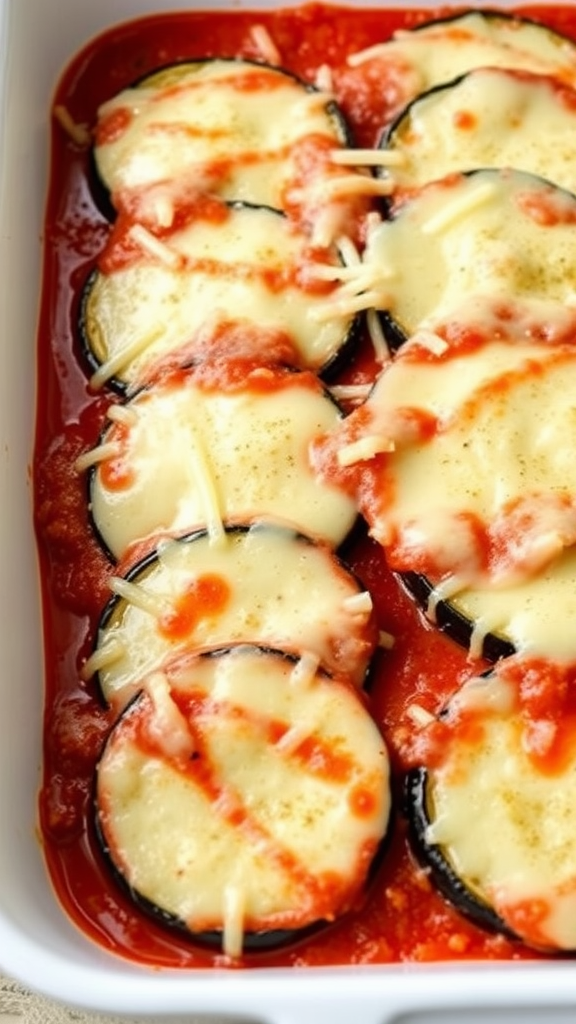 A dish of eggplant lasagna with ricotta cheese and marinara sauce.