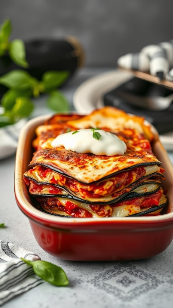 A dish of eggplant lasagna with ricotta cheese and marinara sauce, garnished with herbs.