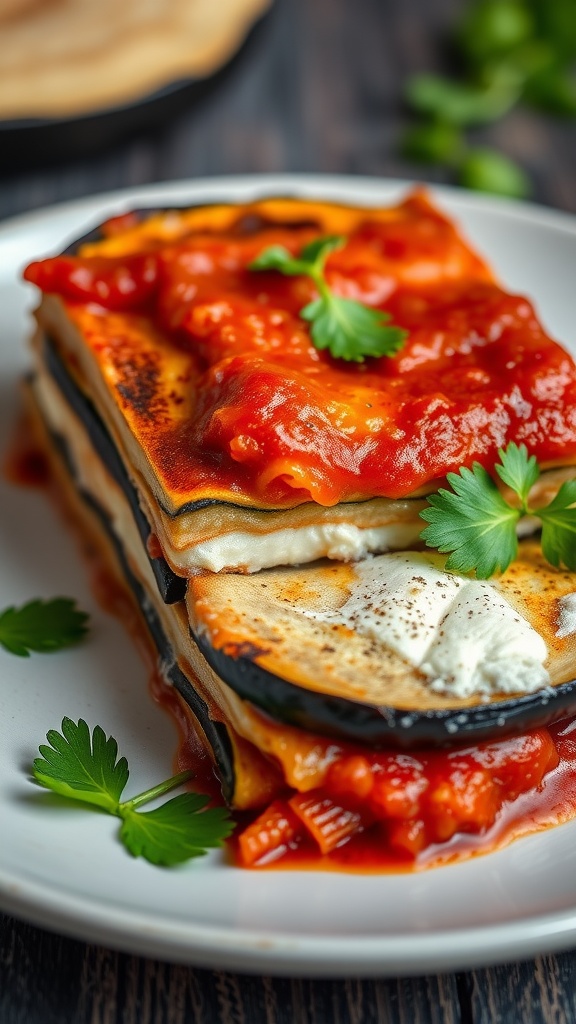 A plate of eggplant lasagna layered with ricotta, topped with marinara sauce and garnished with fresh parsley.