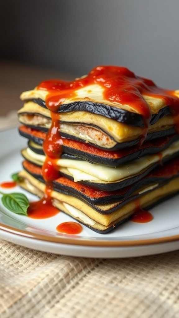 A stack of eggplant lasagna topped with tomato sauce.