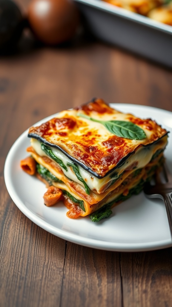 A serving of eggplant lasagna with spinach on a white plate.