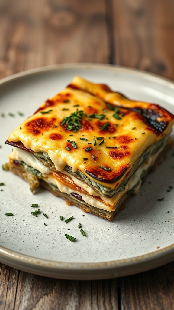 A slice of eggplant moussaka with layers of eggplant and creamy topping on a plate.