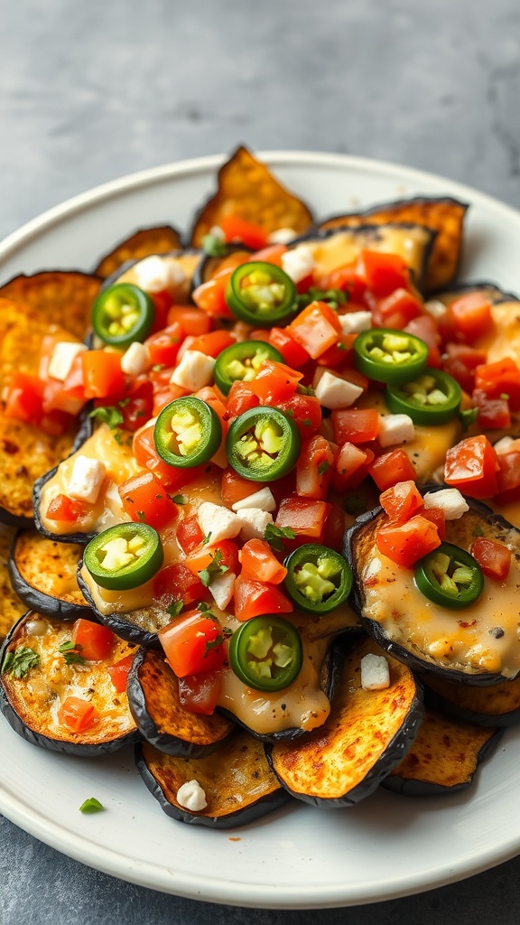 A plate of eggplant nachos topped with melted cheese, diced tomatoes, and jalapeños.