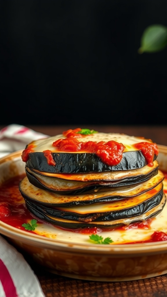 A delicious serving of eggplant parmesan with layers of eggplant, cheese, and marinara sauce.